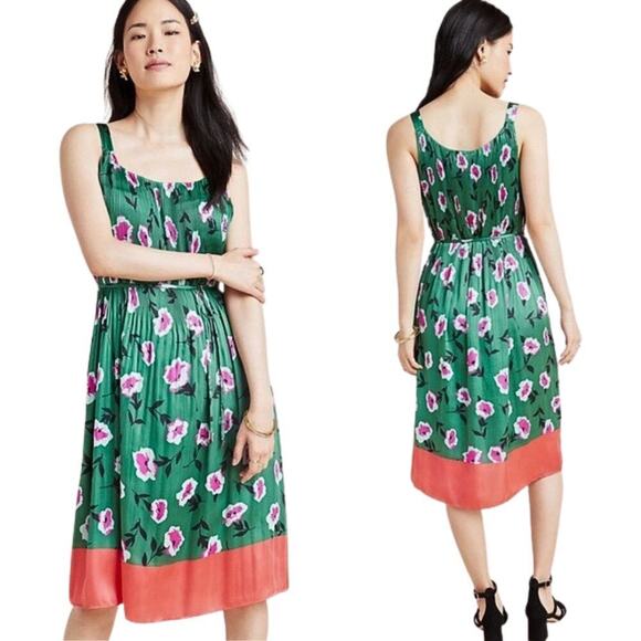 Anthropologie Dresses & Skirts - Anthropologie Dress Womens XS Green Pink Mini Satin Floral Pleated Tank Boho‎